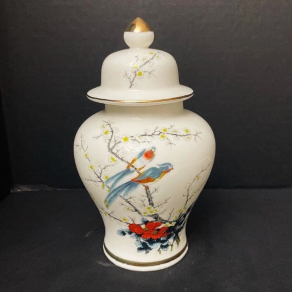 Vtg Jay Fine China Ginger Jar Parrots Birds Cherry Blossoms Japan‎ 8" H